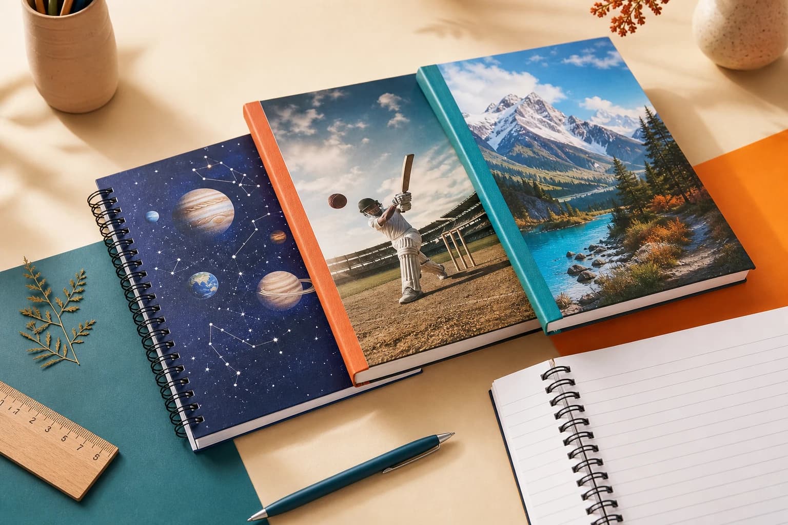 Colorful science, cricket and nature notebooks with realistic printed textures